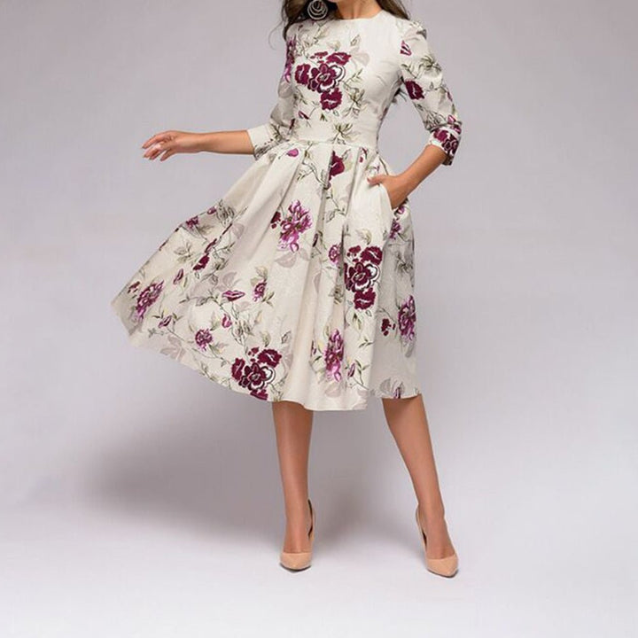 Drune | Lässiges Mittellanges Kleid mit Rundhalsausschnitt Blumendruck und Taschen