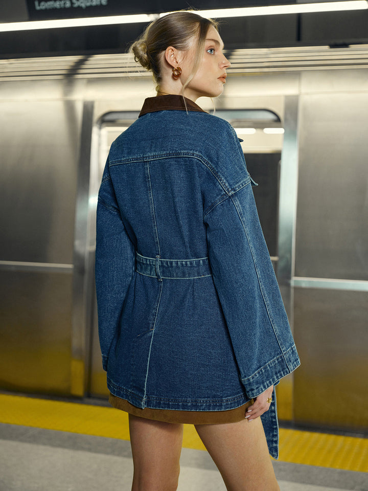 Drune | Trendige Jeansjacke Damen mit Gürtel und Taschen