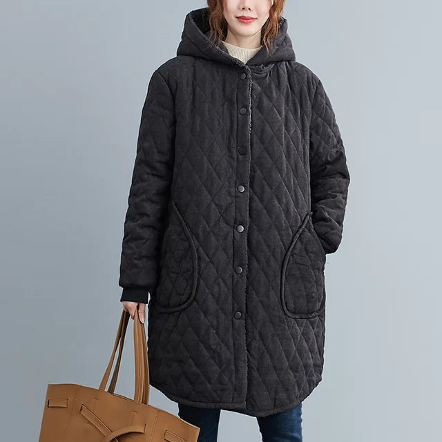Drune | Damen gesteppter Kapuzenmantel - knielang - Knopfschluss - warm und stylish