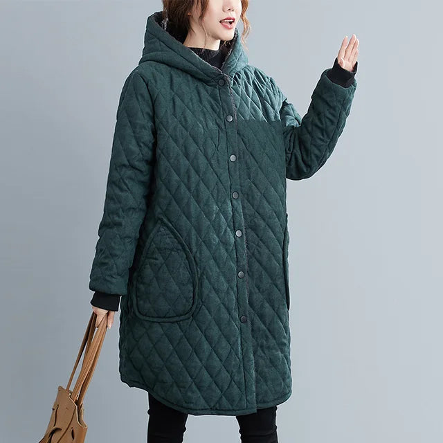 Drune | Damen gesteppter Kapuzenmantel - knielang - Knopfschluss - warm und stylish