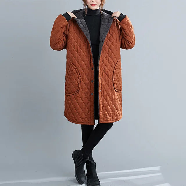 Drune | Damen gesteppter Kapuzenmantel - knielang - Knopfschluss - warm und stylish