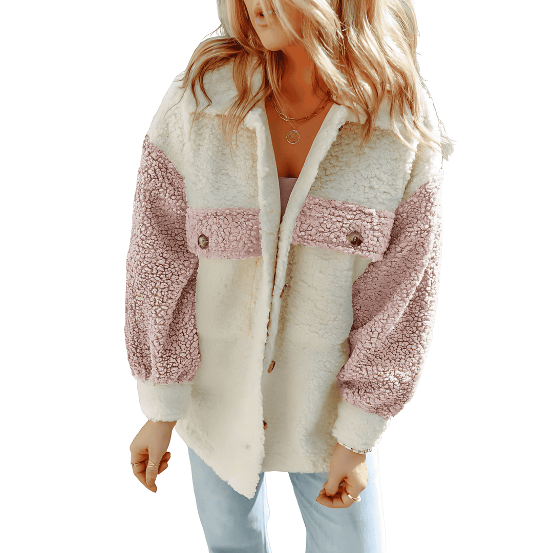 Drune | Damen Teddy Jacke mit Kontrastärmel