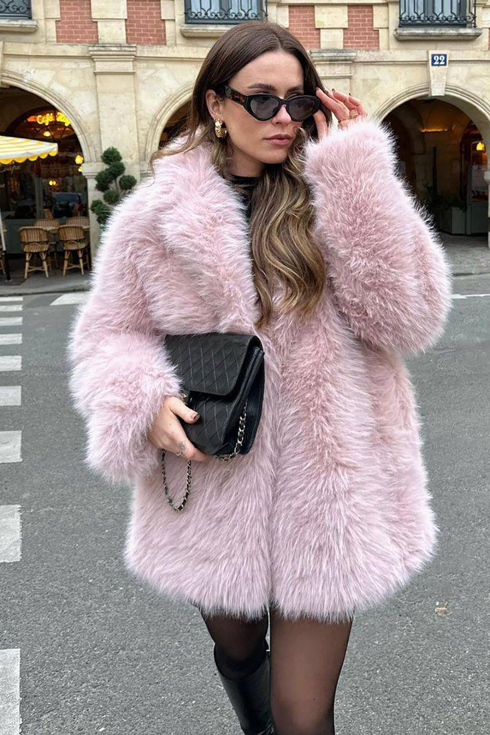 Drune | Damen Lange Kunstpelzjacke mit Offener Vorderseite und Sanfter Verarbeitung In Rosa