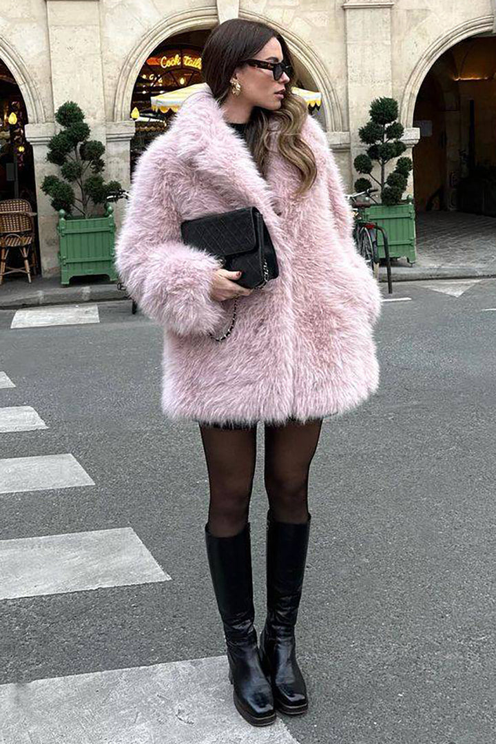 Drune | Damen Lange Kunstpelzjacke mit Offener Vorderseite und Sanfter Verarbeitung In Rosa