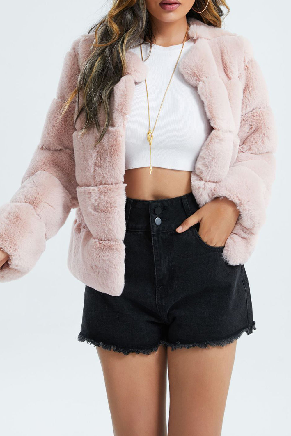 Drune | Damen Kurze Kunstpelzjacke mit Revers und Weichem Stoff
