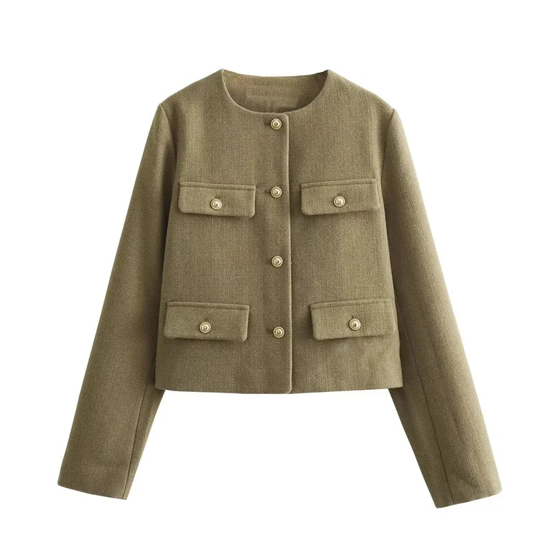 Drune | Elegante Bouclé-jacke Goldknöpfe und Taschen Klassischer Stil