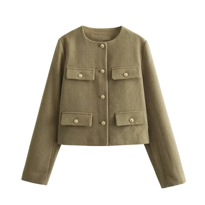 Drune | Elegante Bouclé-jacke Goldknöpfe und Taschen Klassischer Stil