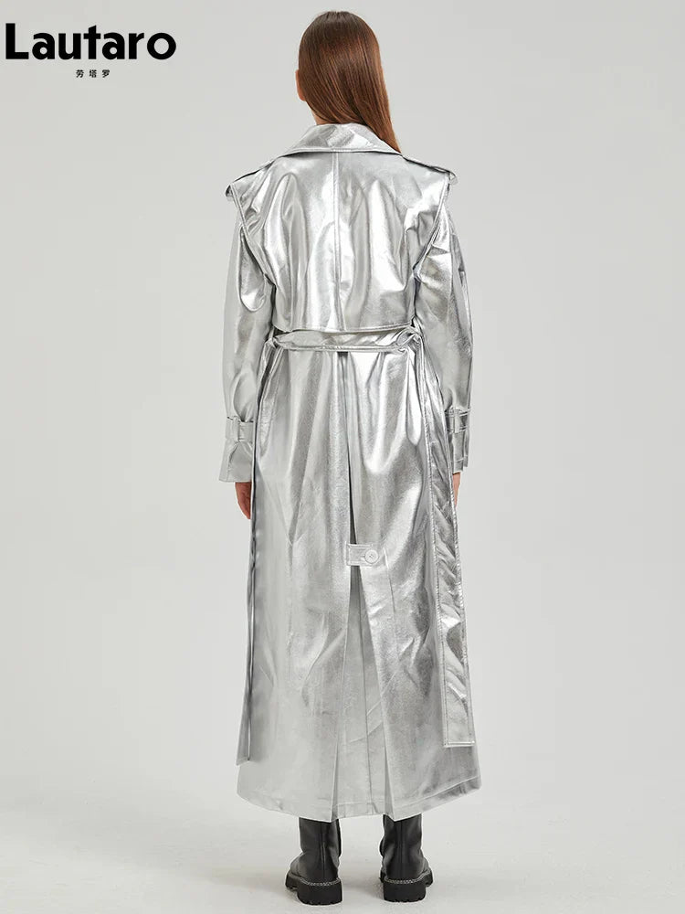 Drune | Lautaro Herbst Extra Lange Gold Glänzend Patent Pu Leder Trenchcoat für Frauen Einfache Schnalle Luxus Designer Übermantel