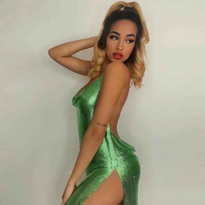 Drune | Rückenausschnitt Metallic Mesh Mini Kleid mit luxuriösem Split