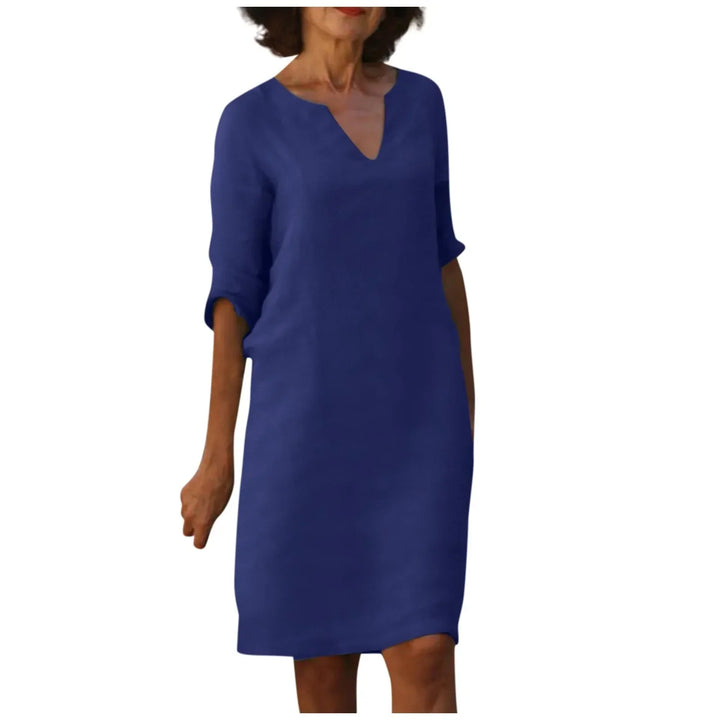 Drune | Damen Baumwoll Leinen V-Ausschnitt Kleid Mit Halben Ärmeln