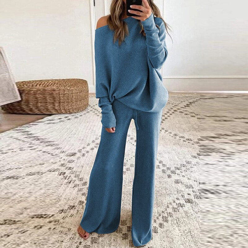 Drune | Schicker Herbst Ein-Schulter-Pullover und Lockeres Hosen-Set für Frauen