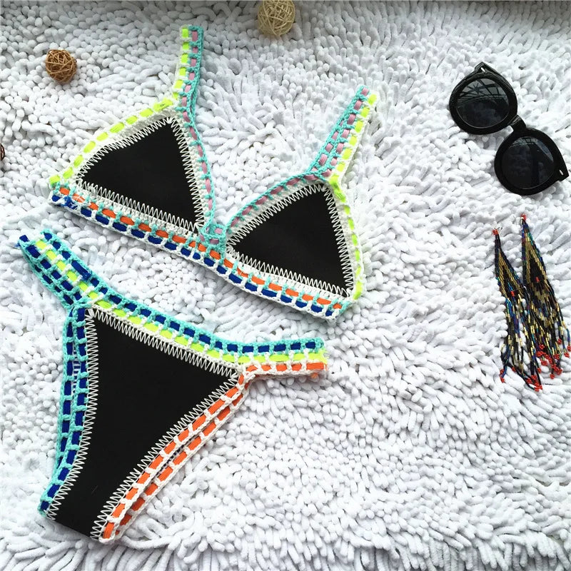 Drune | Gestrickter Bikini 2 Teilig Schwimmanzug für Frauen, Sommerstrandurlaub Badebekleidung, Sexy Dreieckiger Cup V-Ausschnitt Träger-Schwimmbekleidung