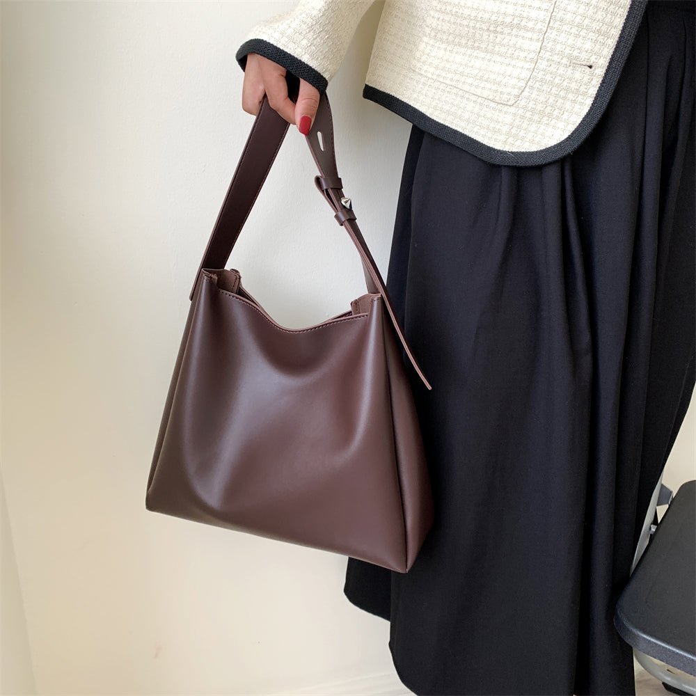 Drune Hochwertige Damen Shopper Große Kapazität Schultertasche Reine Farbe Breiter Riemen Weiches PU-Leder