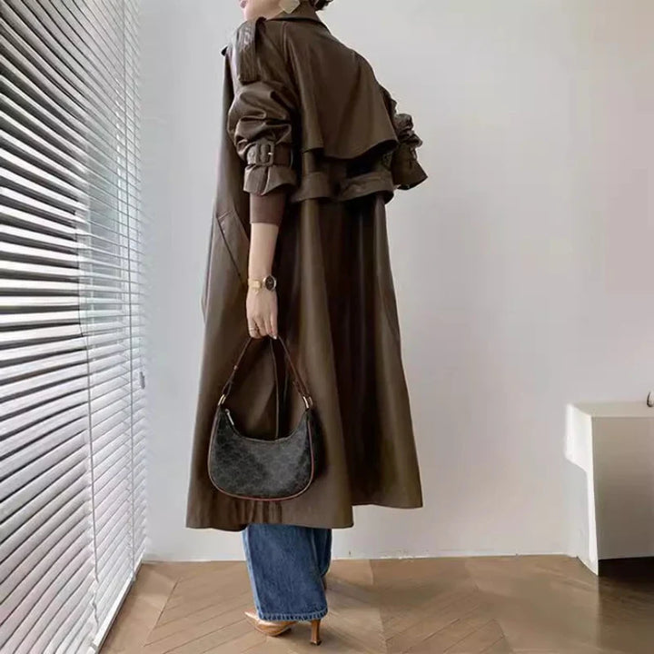 Drune | Langer Trenchcoat Für Frauen Lederlook Stilvoll und Modern