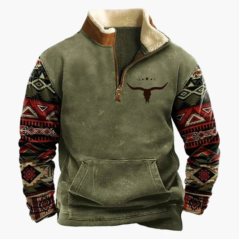 Drune | Vintage Western Half-Zip Pullover mit Ethno-Muster für Outdoor und Freizeit