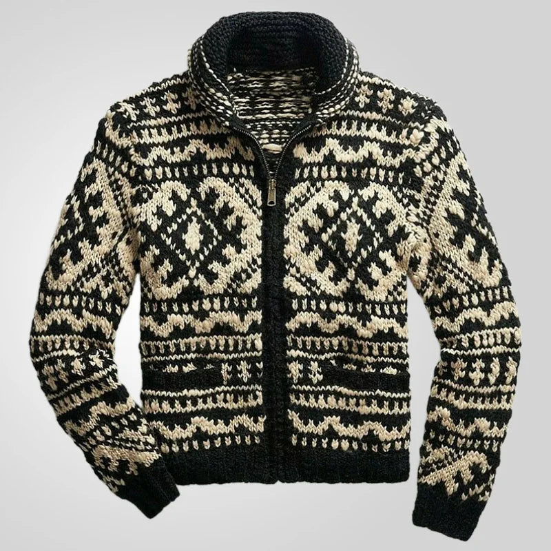 Drune | Strickjacke mit Ethno-Muster - Warmer Cardigan mit Reißverschluss und Retro-Design
