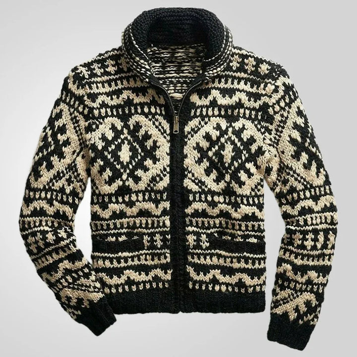 Drune | Strickjacke mit Ethno-Muster - Warmer Cardigan mit Reißverschluss und Retro-Design