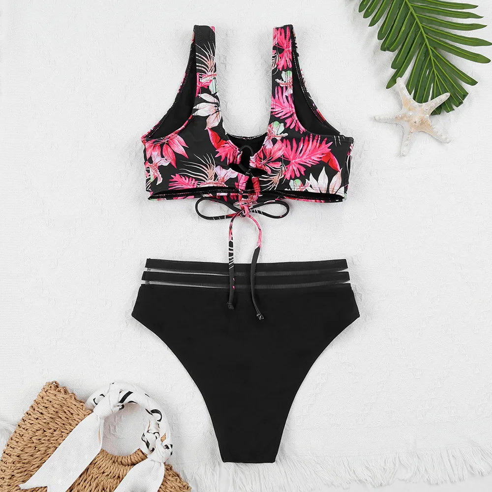 Drune | Schnürung Hohe Taille Bikini Frauen Badebekleidung Frauen Badebekleidung Badeanzug Gepolstert Push-Up Blumen Badeanzug Frauen Bikini Set