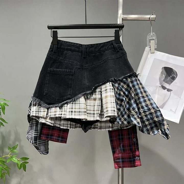Drune | Jahrgang Unregelmäßig Patchwork Kariert Röcke Denim Kurz für Frauen Hohe Taille Eingewickelt Hüfte Mini Rock Sommer Weiblich