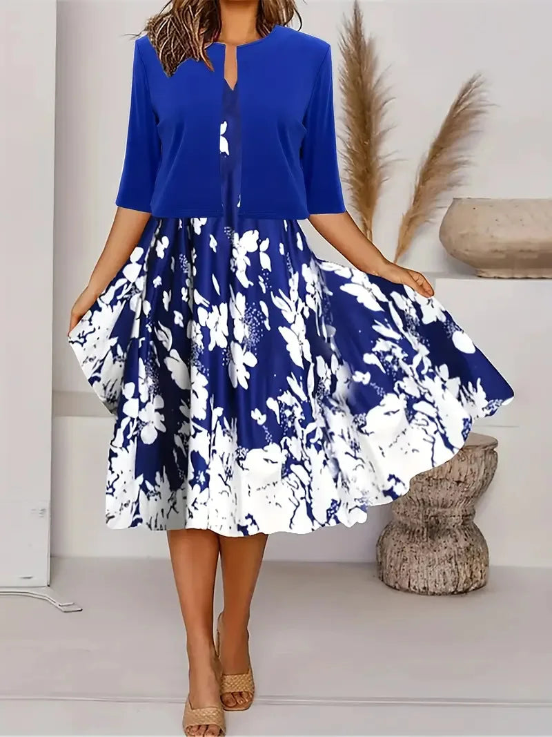 Drune | Neu für Den Sommer! Eu Us Herbst Frau 2 Lang Kleid Set Blumen und Graspunkt Crew Neck Kleid mit Chiffon Kurzjacke