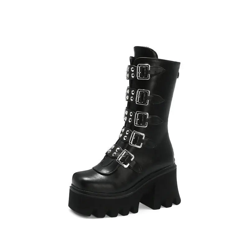 Drune | Gothic Schuhe Frauen Schwarz Hochstiefel Weiblich Hohe Absatz Frauen Combat Punk Chunky Dame