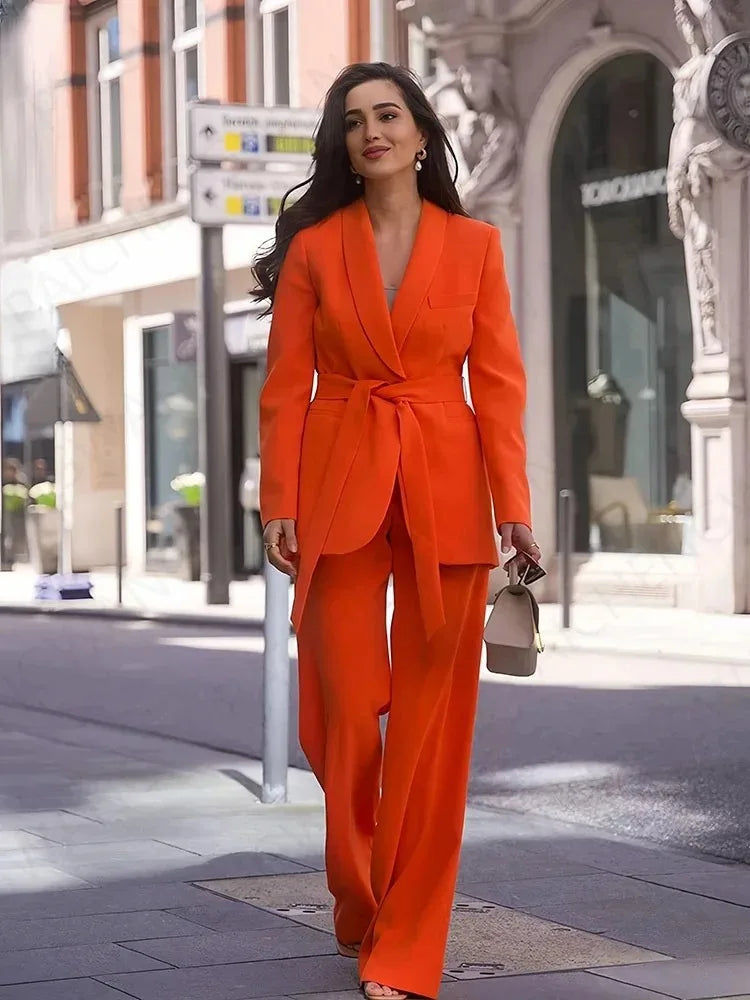 Drune | Damen Freizeit Blazer Schicke Oberbekleidung Elegante Schlaghosen Langarm V-ausschnitt Gürtel Büro Pendler Anzug Satz
