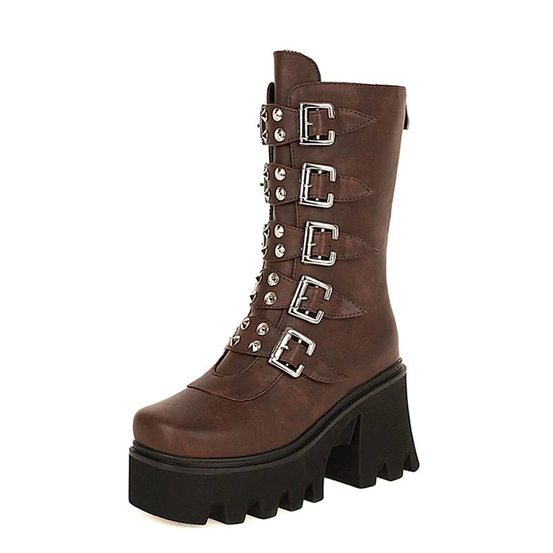 Drune | Gothic Schuhe Frauen Schwarz Hochstiefel Weiblich Hohe Absatz Frauen Combat Punk Chunky Dame