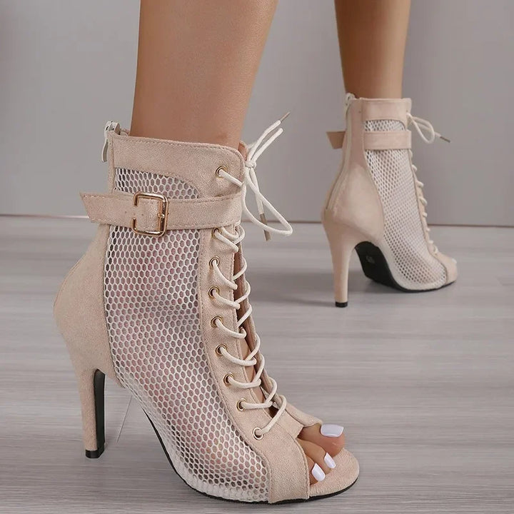 Drune | Sandalen Höhle Mesh Absätze Gürtel Schnalle Damen Sommer Beige Schnürsenkel Sexy Offene Zehe Stiletto Jazz Tanz Fest Damenschuhe