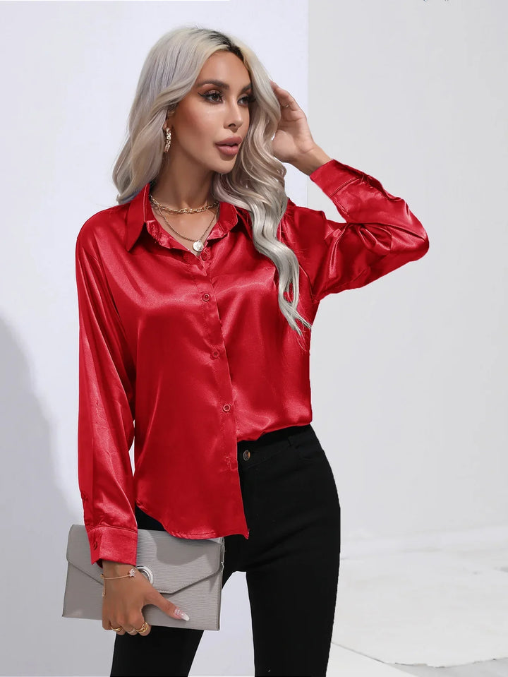 Drune | Elegante Satinbluse Mit V-ausschnitt & Langen Ärmeln