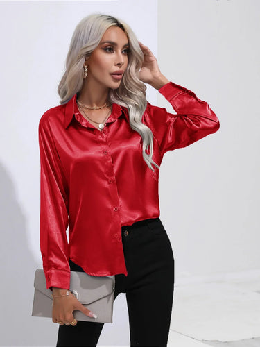 Drune | Elegante Satinbluse Mit V-ausschnitt & Langen Ärmeln