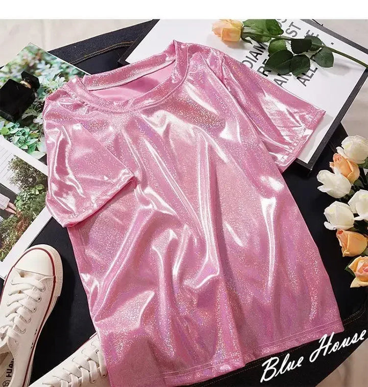 Drune | S 5Xl Damen Funkelnd Shiny Metallisch Holografisch Rundhals Kurzarm Lässig Lose Top Festival Party T-Shirt Damenbekleidung