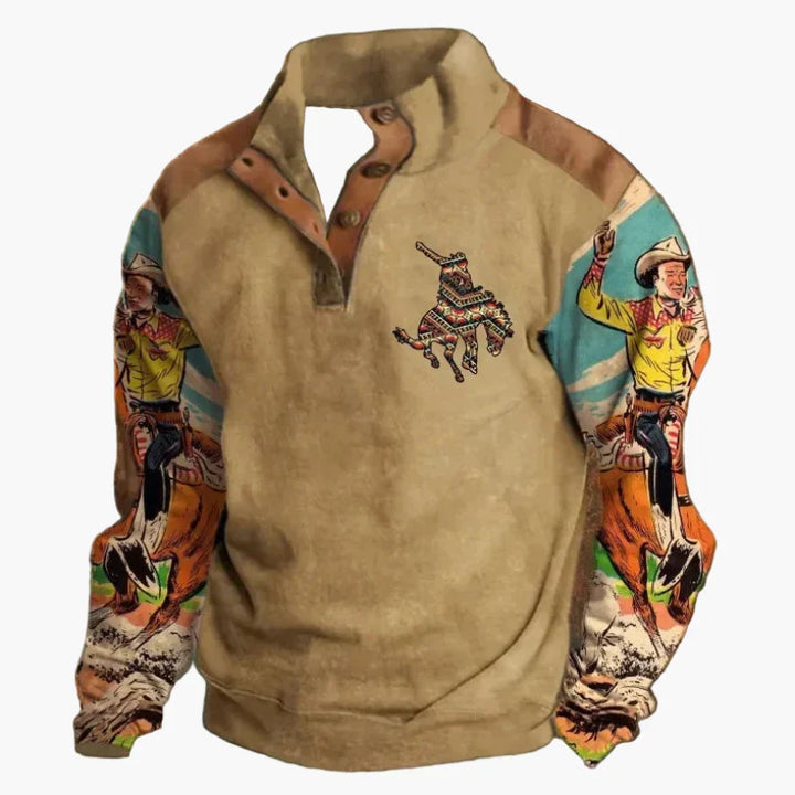 Drune | Retro Cowboy Sweatshirt mit Digitaldruck und Stehkragen - Western Casual Pullover für Outdoor und Freizeit
