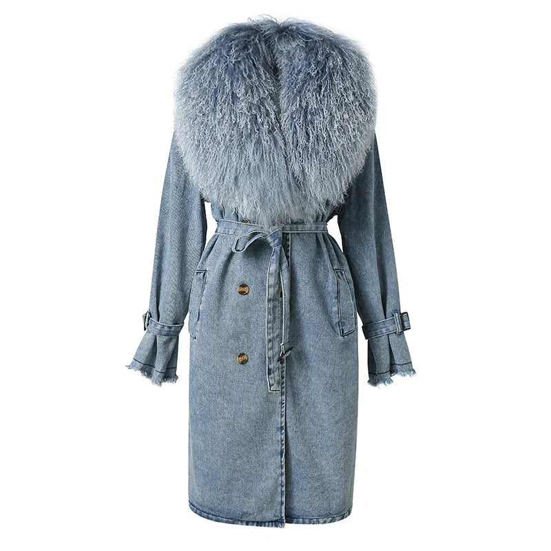 Drune | Lange Denimjacke mit Kunstfell Baumwollmix Modern und Elegant