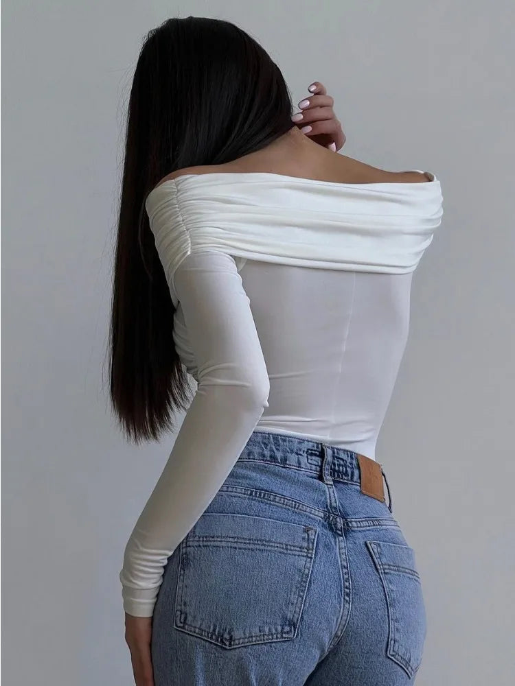 Drune Off-Shoulders Bodysuit | Moderner eleganter plissierter Damen-Bodysuit
