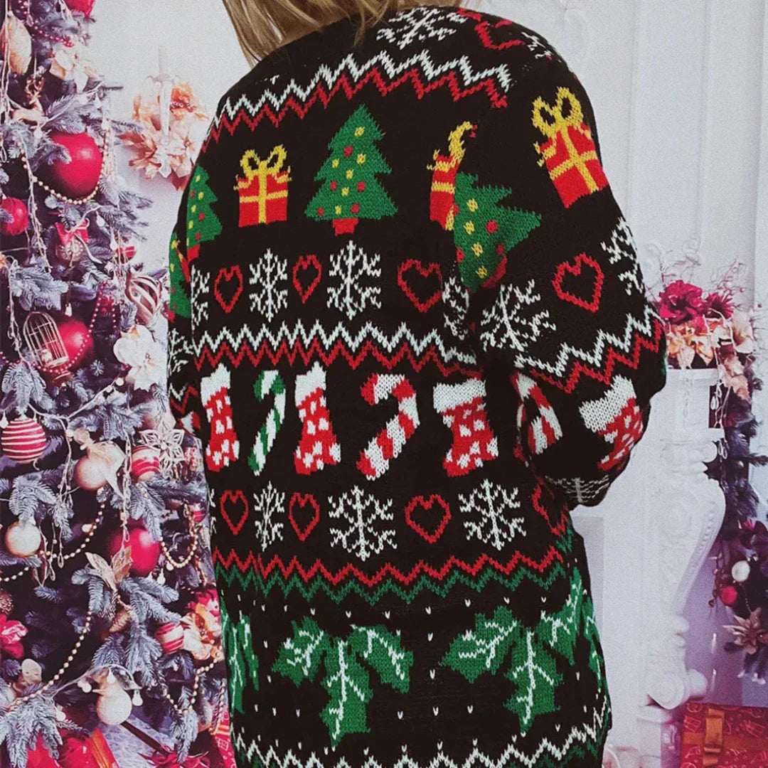 Drune | Strickjacke Strick V-Ausschnitt Knöpfe Festliches Design Mit Weihnachtsmotiven Langarm