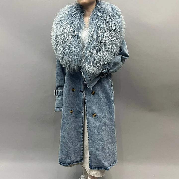 Drune | Lange Denimjacke mit Kunstfell Baumwollmix Modern und Elegant