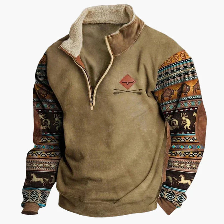 Drune | Vintage Western Half-Zip Pullover mit Ethno-Muster für Outdoor und Freizeit