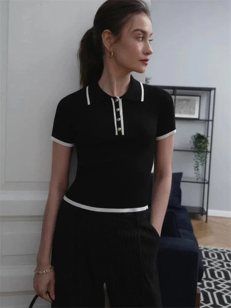 Drune | Strick Poloshirt Gerippter Stretchstoff