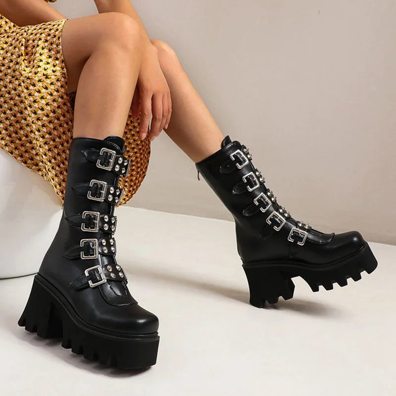 Drune | Gothic Schuhe Frauen Schwarz Hochstiefel Weiblich Hohe Absatz Frauen Combat Punk Chunky Dame