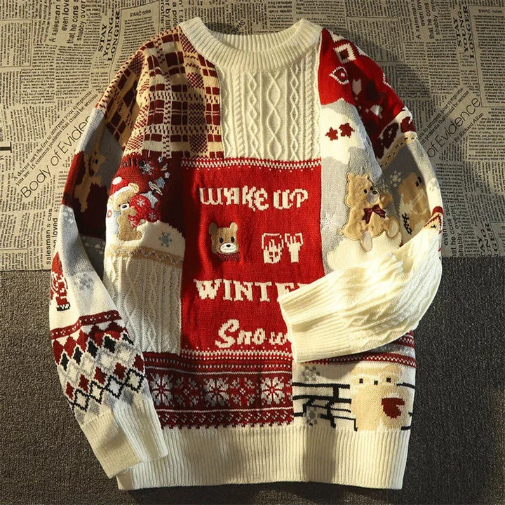 Drune -Hässlicher Weihnachtspulli - Lockerer Retro-Pullover mit V-Ausschnitt und Farbblock-Design