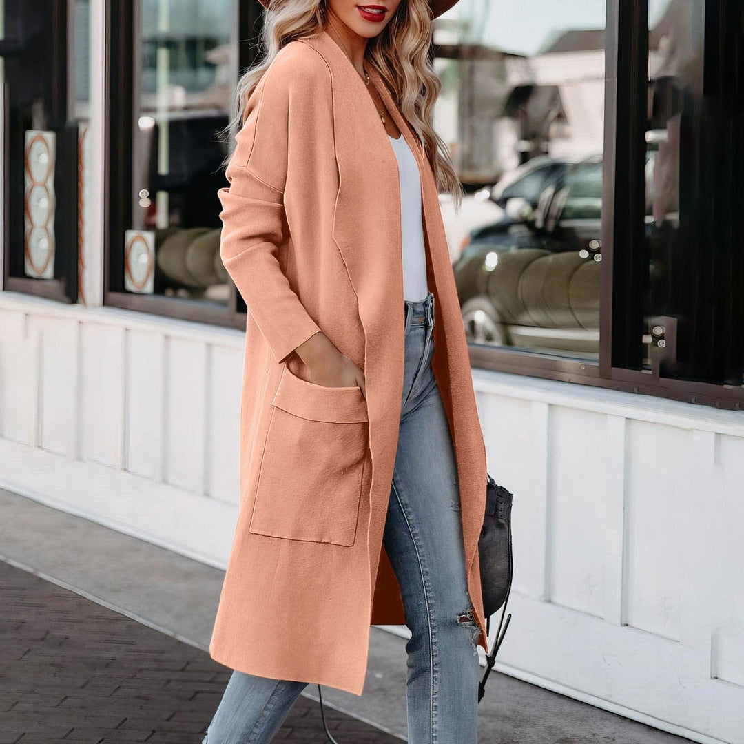 Drune - Stilvoller Damen Freizeit langer einfarbiger Mantel mit Taschen