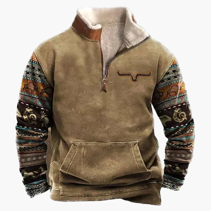 Drune | Western Style Pullover mit Azteken-Muster und Longhorn-Motiv - Bequemer Freizeit-Sweater für Outdoor & Alltag