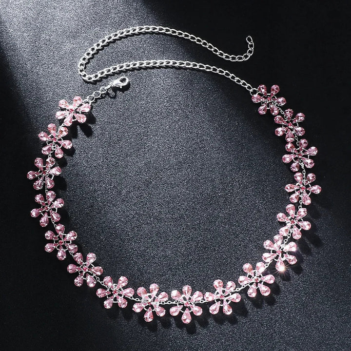 Drune | Mode Pink Crystal Flowers Choker Necklace Statement Accessories Mode Frauen Rhinestone Collar Necklace Schlüsselbein Schmuck Ins