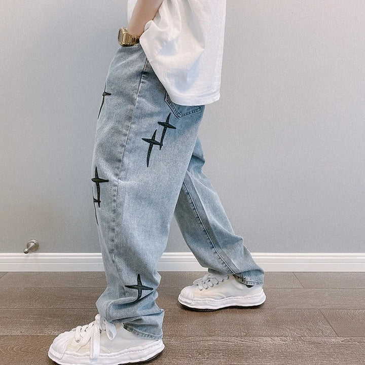 Drune | Blasting Bedruckte Baggy Weit Geschnittene Jeans Für Männer