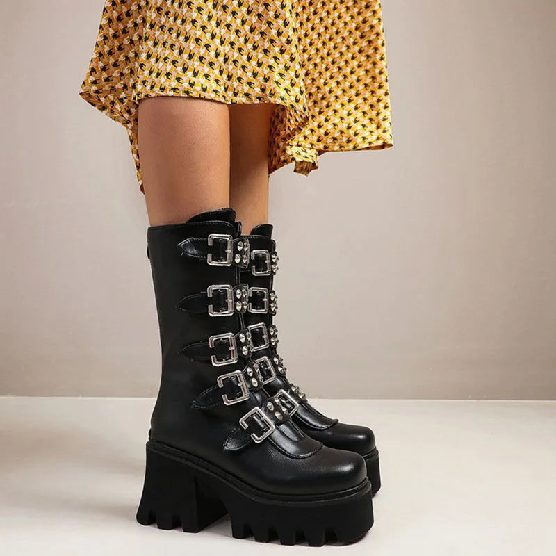 Drune | Gothic Schuhe Frauen Schwarz Hochstiefel Weiblich Hohe Absatz Frauen Combat Punk Chunky Dame