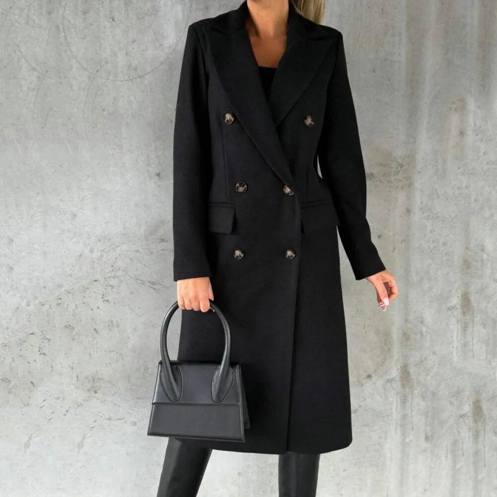 Drune | Damen Lange Jacke - Doppelt Knopf - Taillierte Passform - Mit Revers - Formelle Elegante Kleidung