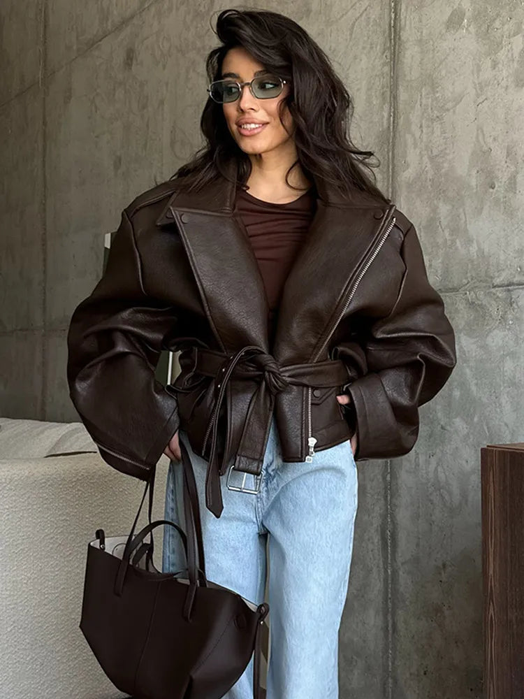 Drune | Immitierte Lederjacke mit Gürtel für Frauen