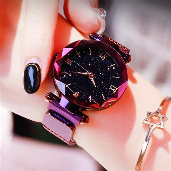 Drune Leuchtende Sternenhimmel: Damenmode Sternenhimmel Uhren Magnetische Schnalle Mesh Armband Diamant Quarzuhr Damen Kleideruhr