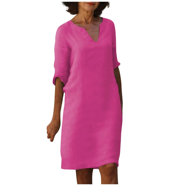 Drune | Damen Baumwoll Leinen V-Ausschnitt Kleid Mit Halben Ärmeln