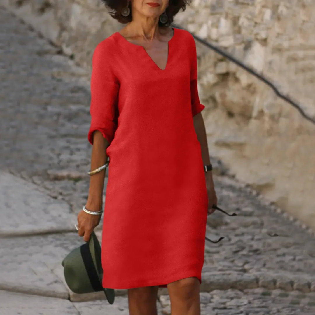 Drune | Damen Baumwoll Leinen V-Ausschnitt Kleid Mit Halben Ärmeln